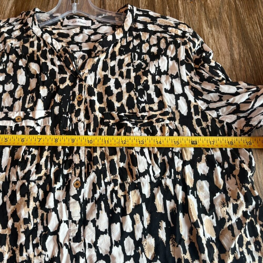 Calvin Klein Black Beige Animal Print Long Roll Tab Sleeves Buttons Up Shirt - Picture 7 of 7